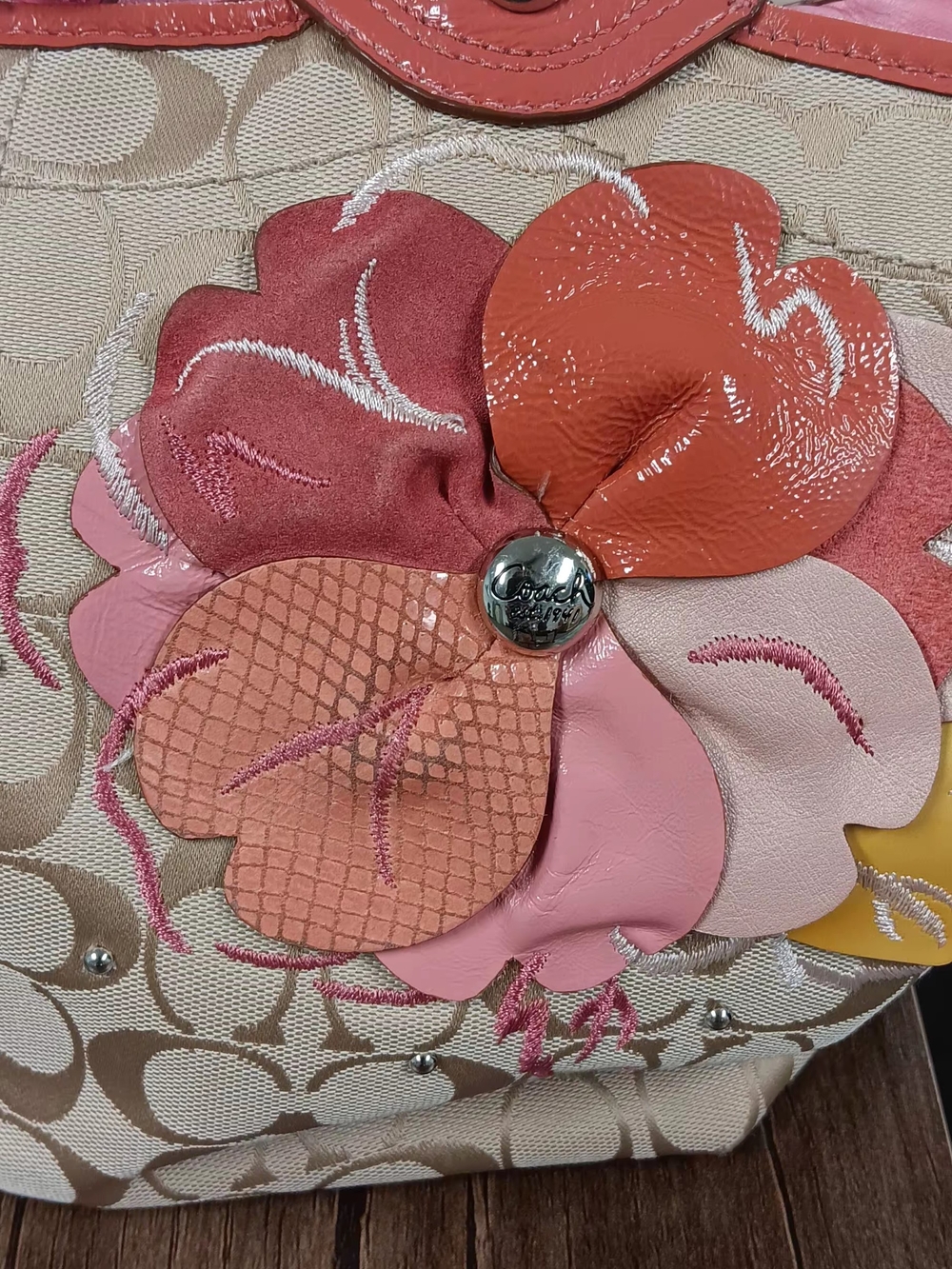 Coach Bleeker Signature Tote with Pink Trim & Floral Appliqués - Picture 5 of 9